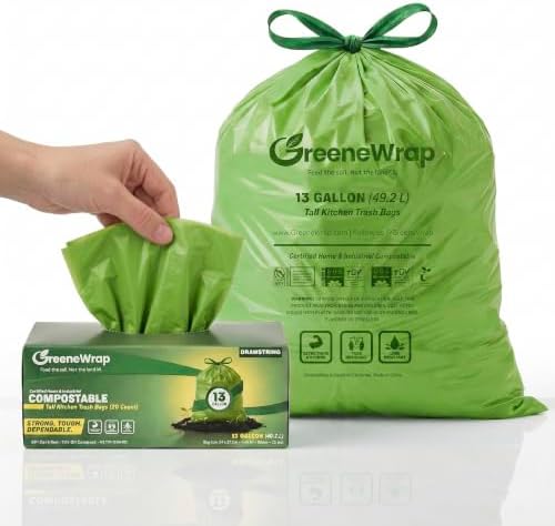 13 Gallon Compostable Trash Bags with Drawstring, 30 Count, 1 Mil, Tall Kitchen Food Scrap Compost Bags, BPI Certified, ASTM D6400, Compostable Garbage Bags, Unscented, 13 Gal by GreeneWrap