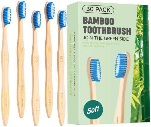 Bamboo Toothbrushes, Plant-Based Soft Bristles 30 Pack by BlueForestEra