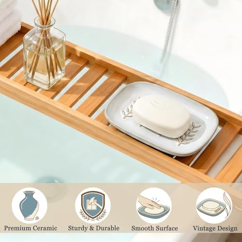 HighHerz Aesthetic Ceramic Soap Dish for Shower, Soap Holder with Raised Relief, Shower Soap Dish for Shampoo Bar Or Sponge, Soap Saver for Bathroom, Kitchen, Sink, Decorative Soap Tray (White) - Image 4