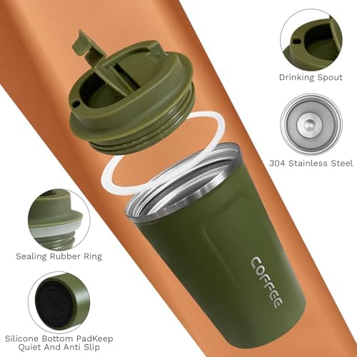 SPLMIFA Travel coffee mugs leak-proof, reusable coffee cups with lids, stainless steel vacuum insulated coffee tumblers, thermal insulation cups for men & women keep drinks hot & cold(2nd-Green, 12OZ) - Image 3