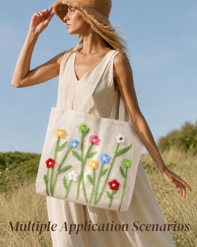 Floral Embroidery Canvas Tote Bag with Magnetic Closure for Daily - Image 6
