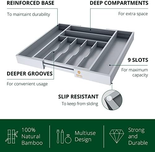 ROYAL CRAFT WOOD Luxury Bamboo Kitchen Drawer Organizer - Silverware Organizer - Utensil Holder and Cutlery Tray with Grooved Drawer Dividers for Flatware and Kitchen Utensils (9 Slot, Gray) - Image 4