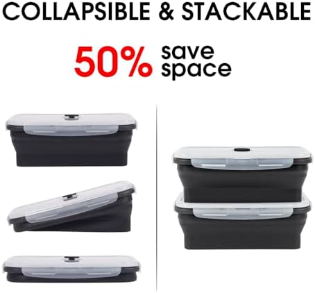 Collapsible Food Storage Containers with Lids, 4 Pack, 40 oz Silicone 1-Compartment Meal Prep Containers Reusable, Lunch Bento Boxes for Adults, Microwave Freezer Dishwasher Safe, BPA-Free, Black - Image 4