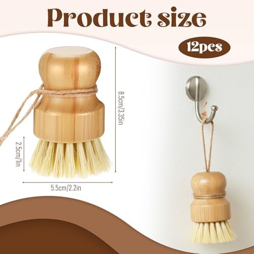 12 Pack Bamboo Dish Scrub Brushes Kitchen Dishwashing Scrubber Vegetable Brush with Hanging Rope Wooden Natural Sisal Bristles Cleaning Brush for Iron Pot Pan Sink - Image 2