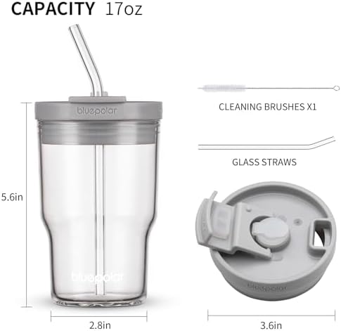 BLUEPOLAR Glass Cups with Lids and Straws,16oz/480ml Reusable Iced Coffee Glasses & Juice Bottles,Cold Brew Tumblers with Leakproof Lids,BPA-Free Glass Jars for Juicing,Matcha,Tea,Smoothie (Grey) - Image 2