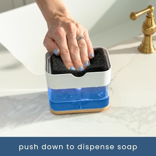 S&T INC. Dish Soap Dispenser and Sponge Holder, Plastic Bamboo and White - Image 2