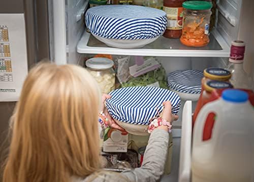 Organic Reusable Bowl Covers – Elastic Bowl Cover Set of 3 Lids Sizes - Blue Stripes 100% Cotton - Great Gift Fabric Food Covers - Kitchen Essential Gift for Women - Stretched Food Covers - Image 3