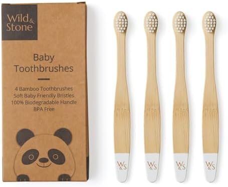 Wild & Stone Organic Baby Bamboo Toothbrushes | 4 Pack | Soft Bristles | 100% Compostable Handle | BPA Free | Vegan Baby Toothbrushes (White) by Wild+%26+Stone