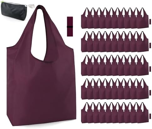 BeeGreen Burgundy Reusable Grocery Bags Wine Red Reusable Kitchen Bags Bulk Foldable-Machine Washable with Zipper Storage Pouch 50 Packs by BeeGreen