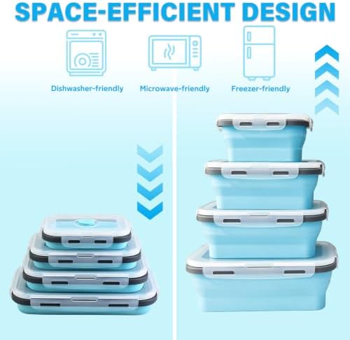Decorwell 4 Collapsible Food Storage Containers, 12/17/27/40 oz Food-Grade Silicone Set, Leakproof Food Containers for Kitchen Office Camping Picnic, Blue - Image 3