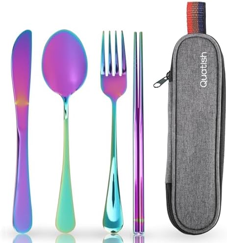 Travel Utensils with Case, Quatish Portable Silverware Set for Work, Stainless Steel Reusable Travel Cutlery Set, Fork and Spoon Set for Camping, Picnic, Gadgets, Lunch Box for Men, Rainbow by Quatish