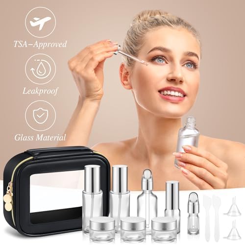 Jingmore 13 Pcs Glass Skincare Travel Containers Mini Makeup Containers Travel Size Toiletries Bottles with Pump Spray and PU Leather Toiletry Bag for Liquid Serum Cream Moisturizers Oils (Silver) - Image 5