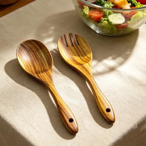 ZeQi Acacia Wood Cutting Board Gift Set, Perfect Housewarming Gift, Ideal Holiday Gift, Premium Wooden Serving Board with Salad Spoon & Fork, Linen-Look Napkin, Kitchen Utensil Set for Serving, Decor - Image 4