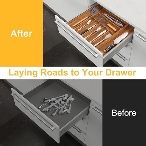 Large Premium Acacia Silverware Organizer - Expandable Drawer Organizer & Utensil Organizer - 17"x19.7" Cutlery Tray with Dividers for Kitchen Utensils and Flatware (7-9 Slots) Acacia - Image 4