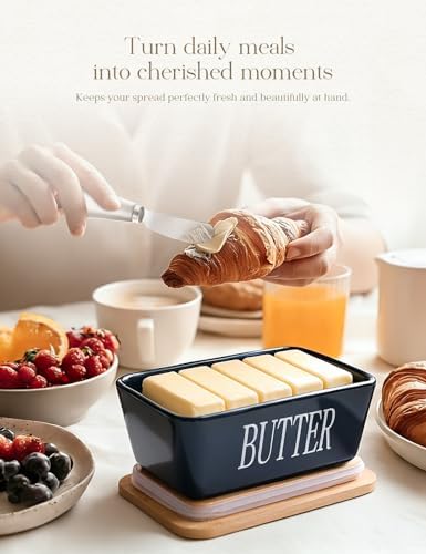 Ceramic Butter Dish with Lid and Knife & Silicone Seal for Countertop Blue - Image 5
