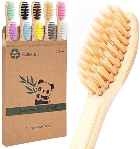 Bamboo Toothbrushes 10 Pack, Biodegradable BPA-Free Soft Bristles Toothbrushes for Adult, Eco-Friendly, Natural Wooden Organic Toothbrush Pack by ToothHaHa
