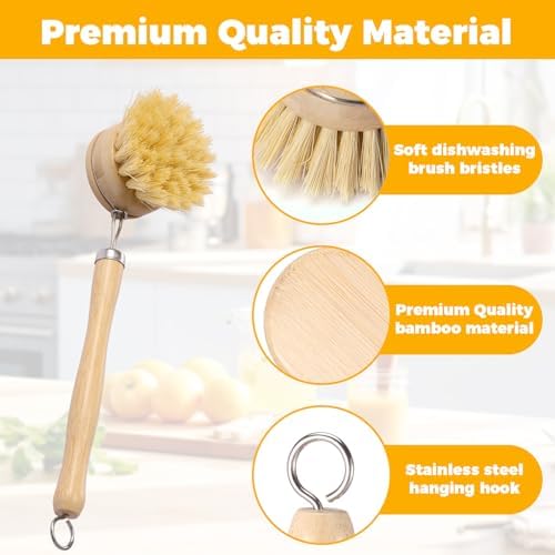 10 Pcs Bamboo Dish Brush Set, Wooden Dish Brush with Long Handle Cup Brush, Short Handle Sisal & Coarse Brushes, Square Rack Tray, Natural Bamboo Bottle Brush for Pots, Pans,Vegetables - Image 6