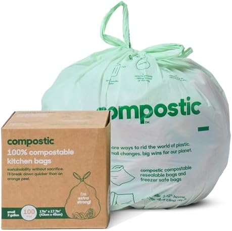 Compostic Compostable Trash Bags, 3 Gallon Small Bathroom & Office (100 Count) Bulk Pack — Extra Strong, Home Compostable, Plant-Based, Non-Toxic Garbage Bags by COMPOSTIC
