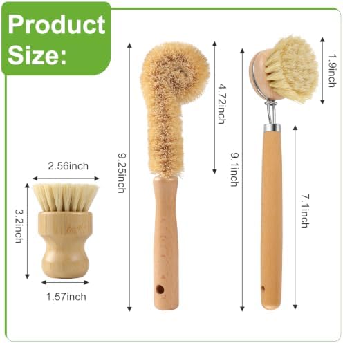 Bamboo Dish Brush Set, Natural Scrub Kitchen Brushes, 3 Pack - Image 2