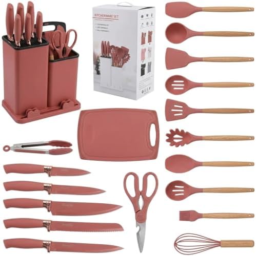 Silicone Kitchen Utensil Set, 19 Piece with Wooden Handles, Cutting Board, Storage Holder, Black Pink Gray Mint Green, Cooking Tools with Organizer (Rose) - Image 2