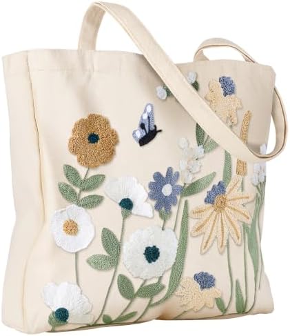 Floral Embroidery Canvas Tote Bag with Magnetic Closure for Daily by VelvetHue