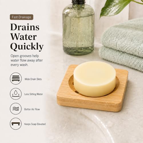 Bamboo Soap Dish for Bar Soap, Raised Wooden Holder with Drain Slots，Square Bamboo Soap Dish - Image 3