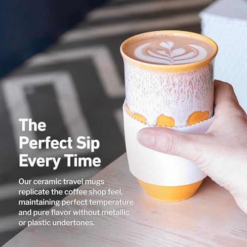 NOVA CERAMICS Ceramic Tumbler– Ceramic Travel Mug With Lid – Microwave & Dishwasher Safe Coffee White & Orange Tumbler - Gifts For Women Men Him Her – 16oz – Grapefruit - Image 4