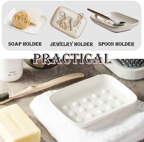 Miamolo Soap Dish, Ceramic Soap Holder Shower Soap Dish for Bar Soap Sponge, Soap Saver Tray for Bathroom Kitchen Sink, White - Image 7