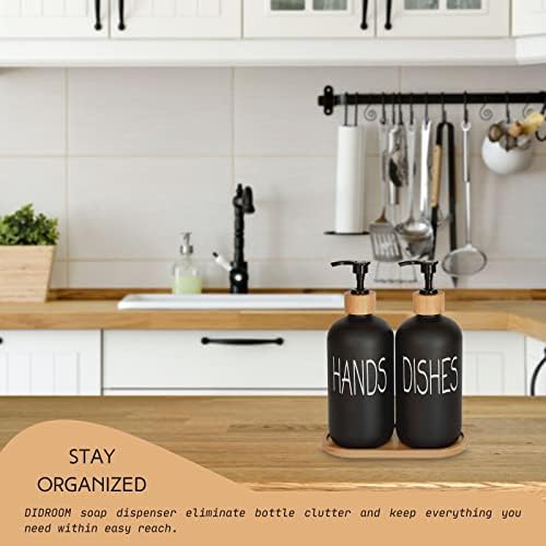Glass Soap Dispenser Set. Hand and Dish with Bamboo Tray. Vintage Pump for Kitchen Drain Outlet Bathroom. Stylish Permanent Labels (Matte Black) - Image 3