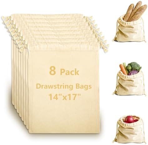 OKBA 8 Pack Cotton Muslin Drawstring Bags 14x17 Inch, Reusable Cloth Bags for DIY Tie-Dye Projects, Grocery & Produce, Shoes, Potatoes and Onions, Eco-Friendly & Washable by OKBA
