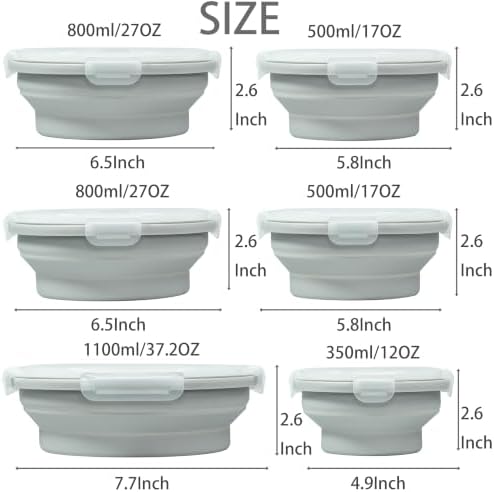 Plus 6PCS Foldable Silicone Food Storage Containers for Kitchen Storage for Leftovers Fruits and Meal Prep Dishwasher Safe Microwave Safe Ideal for Home and Travel (grey, round) - Image 2