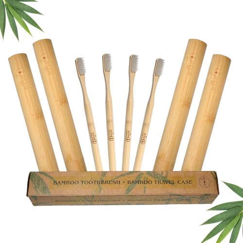 Bamboo Toothbrush & Travel Case Set – Eco-Friendly Oral Care with Soft Bristles – Sustainable & Portable Dental Hygiene Kit 2 Pack (4) by Unknown