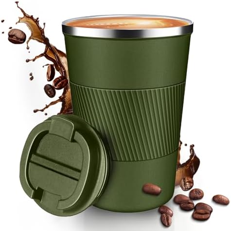 12OZ Travel Coffee Mug Insulated Coffee Cup with Spill Leak Proof Lid, Portable Stainless Steel Tumbler Reusable Hot and Cold Water Mug for Car, Daily, Camping- Military Green by Unknown