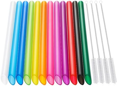 Angled Tips, 12 Pcs Wide Reusable Bubble Tea Straws with 4 Brushes - Multi Colors Jumbo Smoothie Straws, BPA FREE Plastic Straw for Bubble Tea (Tapioca, Pearls), Milkshakes by HIWARE