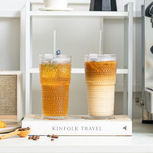 SoulTimes 20oz Hobnail Glass Tumbler with Bamboo Lids and Straws - Iced Coffee Glass Cups for Smoothie, Matcha, Juice, Water etc. Leakproof and Reusable Glassware Drinking for Travel To Go [2 Pcs] - Image 2