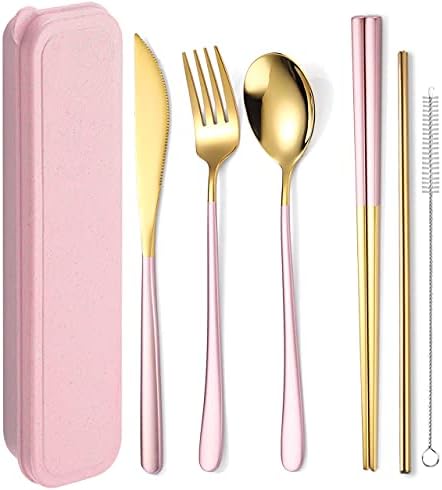 AARAINBOW 6 Pieces 18/8 Stainless Steel Flatware Set Portable Reusable Cutlery Set Travel Utensils Set Including Chopsticks Knife Fork Spoon Straws Cleaning Brush Dishwasher Safe (Pink golden) by AARAINBOW