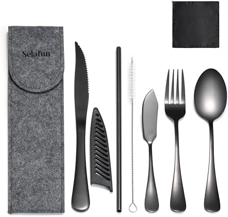 Camping Cutlery Set: Premium Portable Silverware Set with Case for Lunch Box, Travel, and Work Durable, Eco-Friendly, and Compact Utensils Including Fork, Spoon, and Knife for Adults on the Go by Selafun