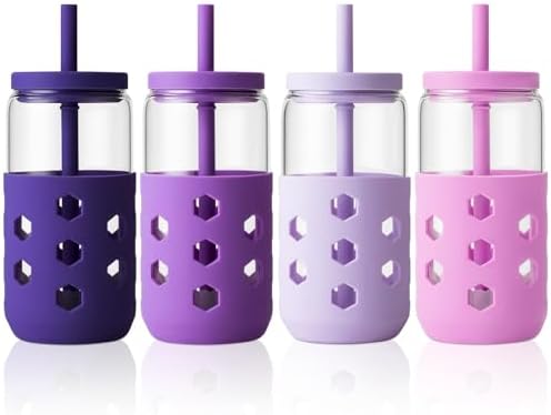 Mrsdry 16 oz Glass Cups with Lids and Straws for Gift, 4-Pack, Purple by Mrsdry