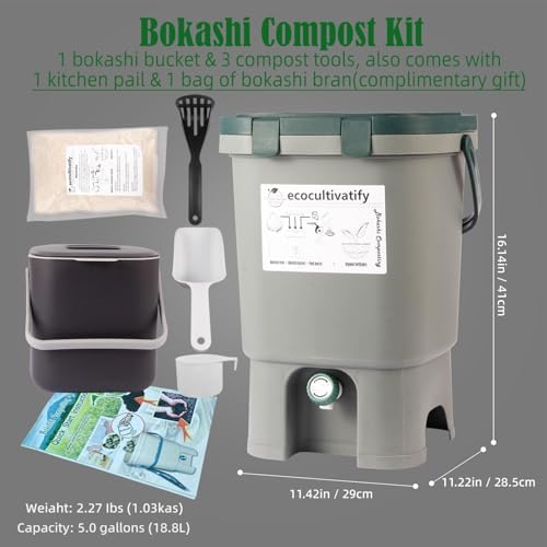20L Bokashi Compost Bin, 5.28 Gallon Compost Bin for Kitchen Composter with Lid, Bokashi Start Kit with Bran (Tan & Dark Green) (18.8L/5 Gal Grey) - Image 2