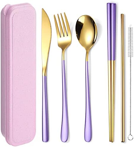 AARAINBOW 6 Pieces 18/8 Stainless Steel Flatware Set Portable Reusable Cutlery Set Travel Utensils Set Including Chopsticks Knife Fork Spoon Straws Cleaning Brush Dishwasher Safe (Purple golden) by AARAINBOW