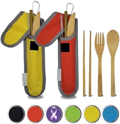 Travel Utensils with Case Set Fork, Knife, Spoon, Chopsticks, Straw, Straw-cleaning brush, Travel Pouch and Carabiner, Excellent For Everyday Use! ((2 Sets) Sunset Red/Sunrise Yellow) by Bamboo+Essentials%C2%AE