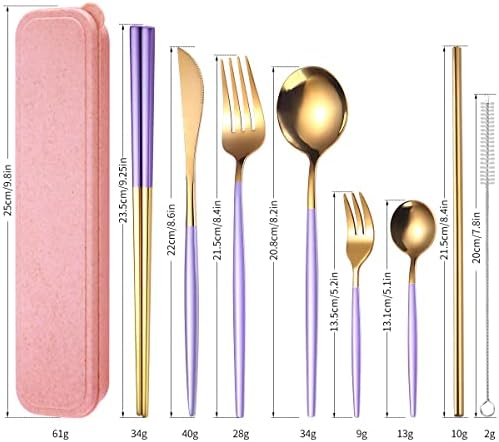 AARAINBOW 8 Pieces Stainless Steel Flatware Set Portable Reusable Cutlery Set Travel Utensils Set Including Chopsticks Knife Fork Spoon Straws Cleaning Brush Dishwasher Safe (Purple Golden) - Image 2