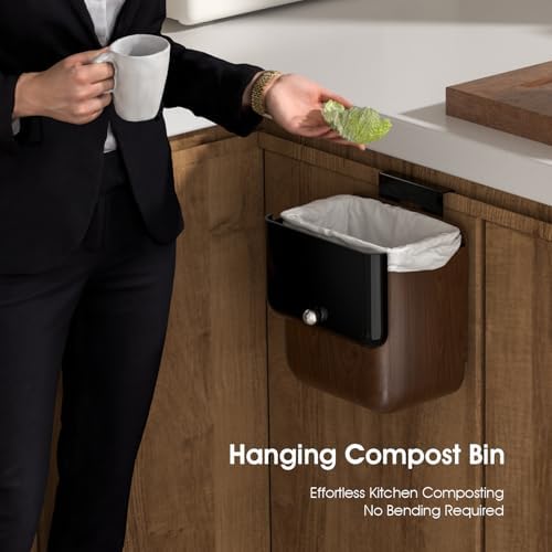 Large 3.2 Gallon Compost Bin, Under Sink Trash Can with Lid, Hanging Waste Cabinet for Office Kitchen Cupboard Bathroom Bedroom, Walnut Color - Image 5