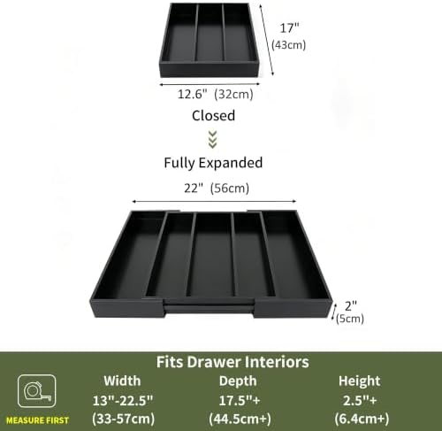 Utoplike Bamboo Drawer Organizer Kitchen Utensils, Silverware Tray Black - Image 3