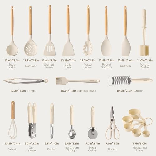 CAROTE 22-Piece Cooking Utensils Set with Wood Cool-Touch Handles, Cream - Image 2