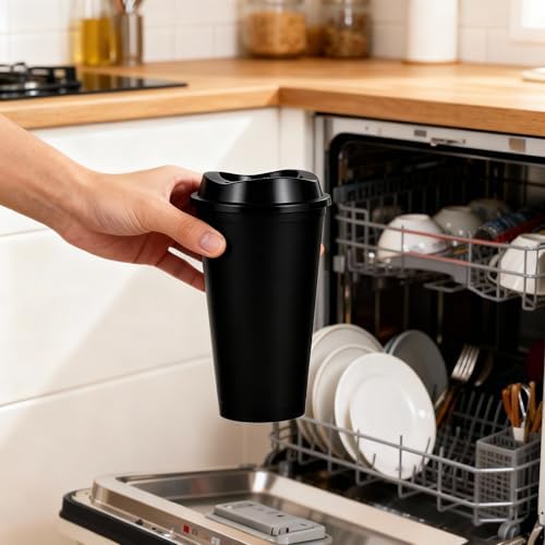 16oz Reusable Plastic Coffee Cups with Lids, 13 Pack, Black - Image 3