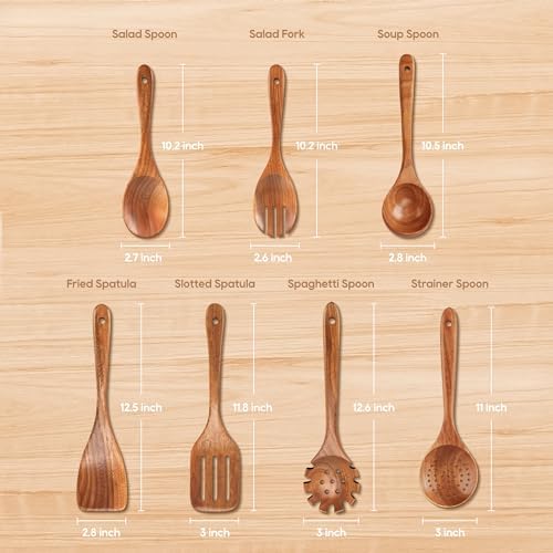 7 PCS Wooden Spoons for Cooking Natural Teak Kitchen Utensils Set - Image 6