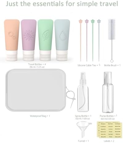 16-Piece Silicone Travel Bottles Set – TSA Approved Leakproof Toiletry Kit with Flat Easy-Squeeze Bottles, Pump & Spray, Waterproof Bag - Image 2