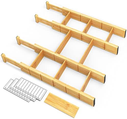 SpaceAid Bamboo Drawer Dividers with Inserts and Labels, Kitchen Adjustable Drawer Organizers, Expandable Organization for Home, Office, Dressers, 4 Dividers with 9 Inserts (17"-22" Natural) by SpaceAid