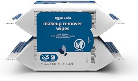 Amazon Basics Makeup Remover Wipes, Gentle Cleansing, Dermatologist Tested, pH-Balanced, Plant Based, Alcohol-Free, Removes Waterproof Mascara, 25 Count, 2-Pack by AmazonBasics